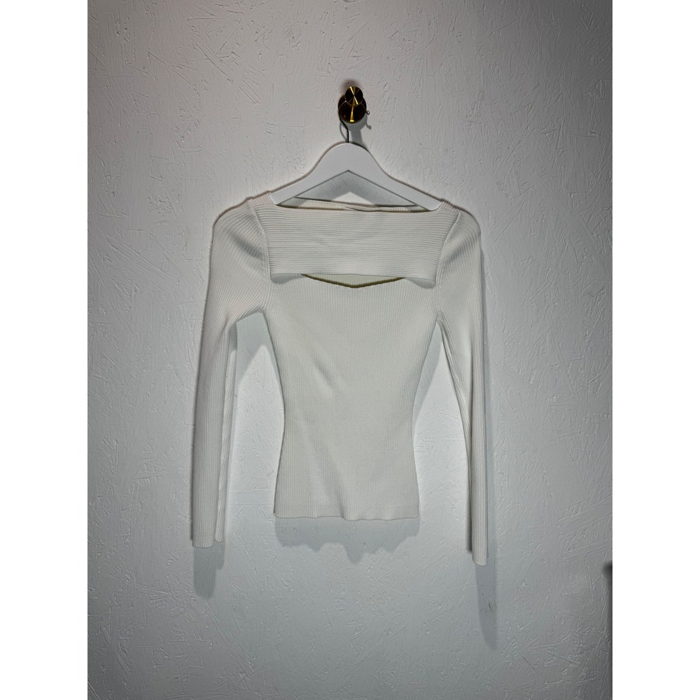 Jonathan Simkhai Ribbed Knit Cutout Long Sleeve Top White Boat Neck Small